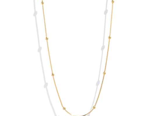 Gold Box Chain Necklace with Solid Beads