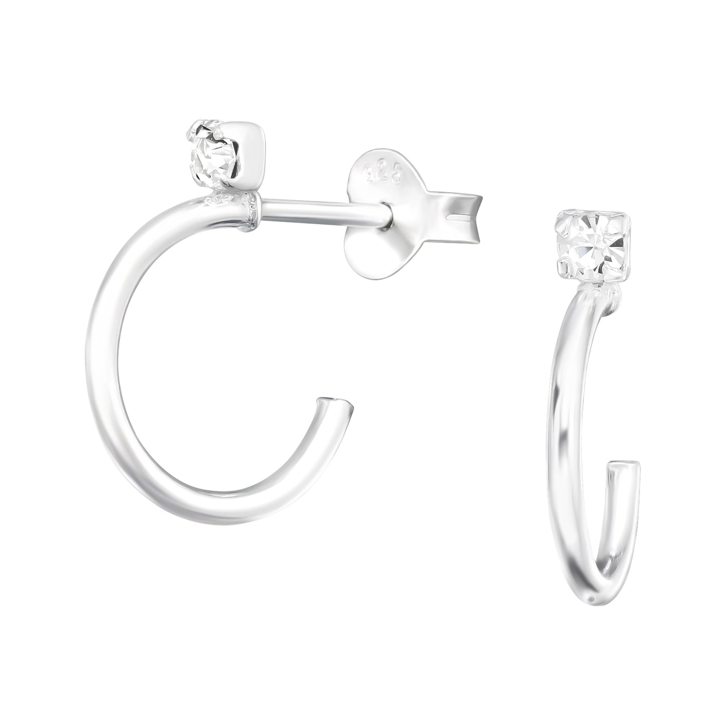 Silver Half Hoop, Crystal Stud Earrings